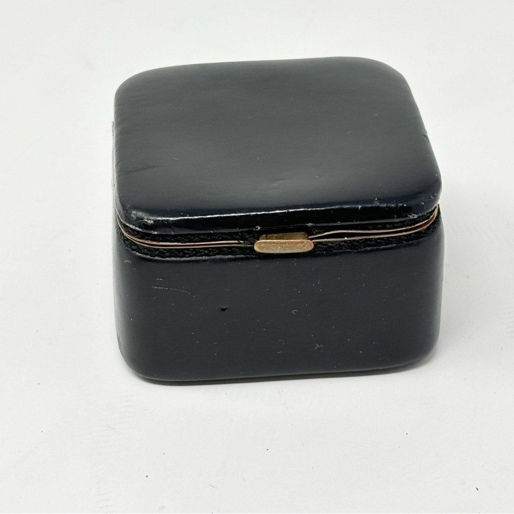 Vintage Black Leather Jewelry Trinket Hinged Box With Push Spring Button Square